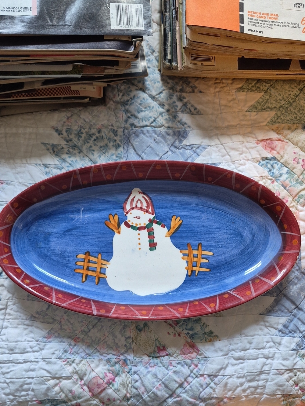Hand-Painted Snowman Oval Serving Platter - Blue & Red